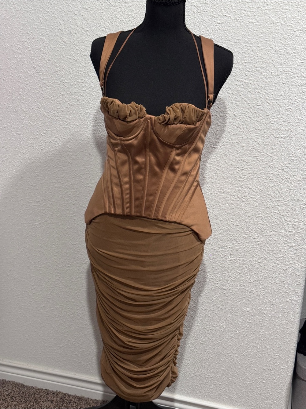 House of CB Brown Ruched Corset Midi Dress